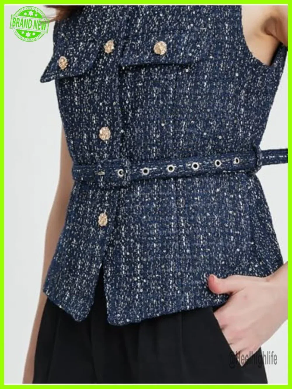 Tweed Blazer Vest Sleeveless Button Down Business Office Waistcoat With Belt